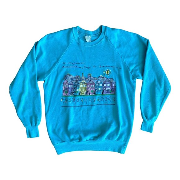 Vintage Anvil Blue Art Sweatshirt 80s Size‎ Medium Luke A Tuke Made in USA - Picture 1 of 6